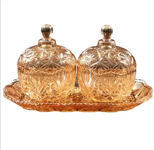 

Elegant Round Food Storage Gold Glass Candy Pot Set Candy Candle Glass Jar with Lid for Snack Nuts