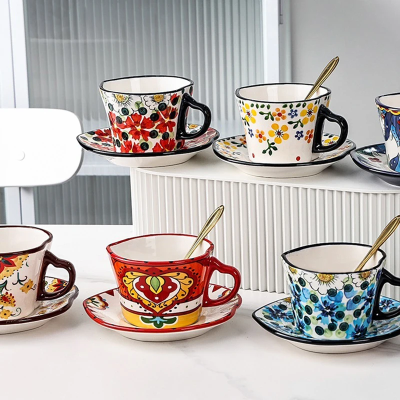 Turkish Coffee Cup and Saucer Set Colorful Flower Design European Retro Hanging Ear Creative Ceramic Cup Gift