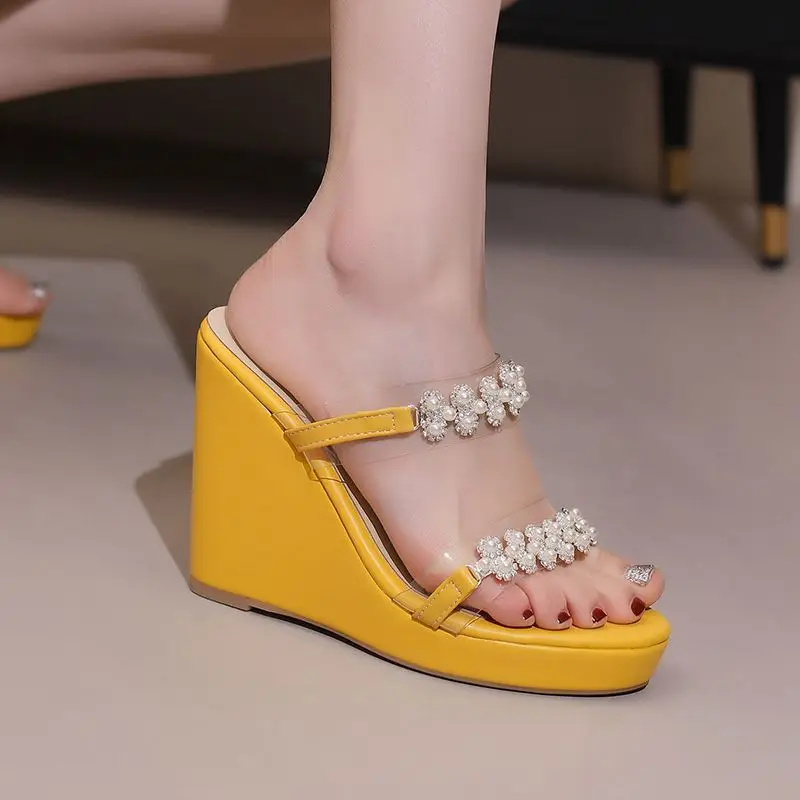 REAVE CAT Women Crystal Wedge Heel Sandals 11cm High Heel 2.5cm Platform Plus Size 48 49 50 Red Slip On view 4
