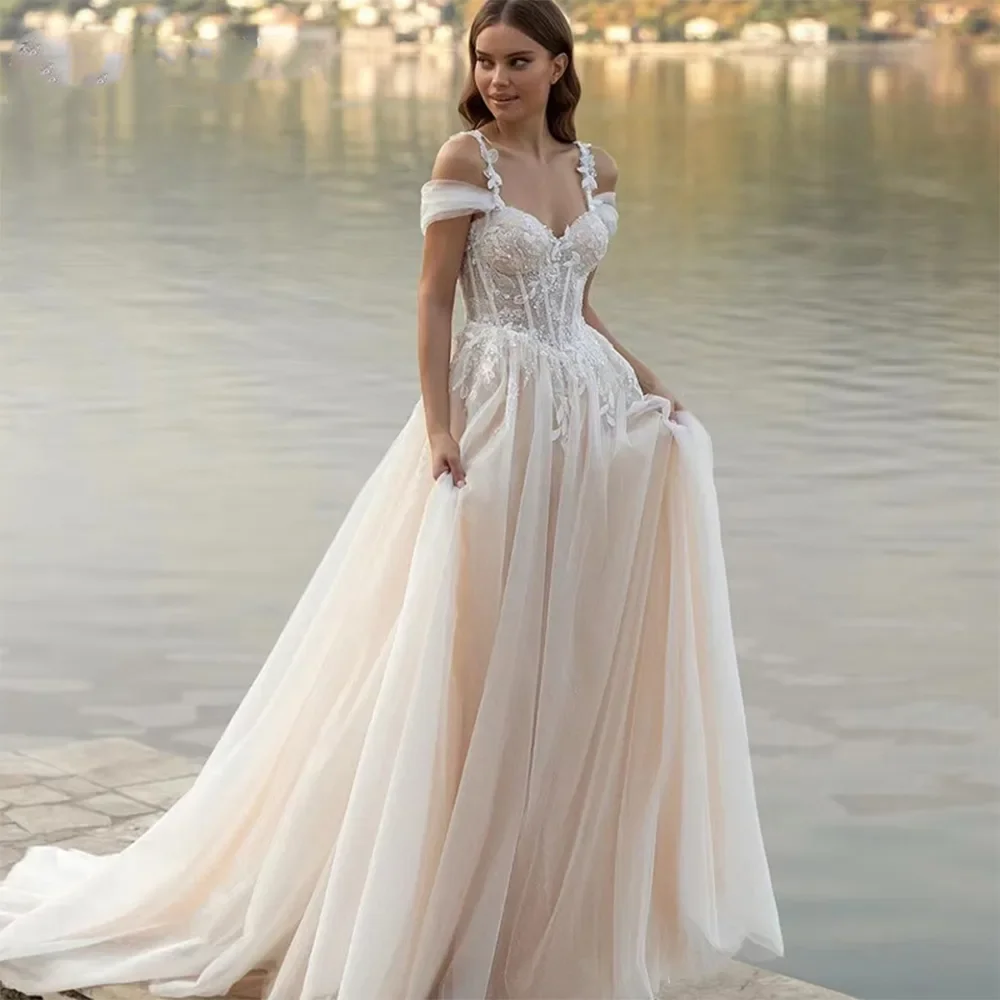 Abiti da sposa Boho svasati a-line spalline senza spalline Appliques con perline abito da sposa per le donne Vestidos De Noiva