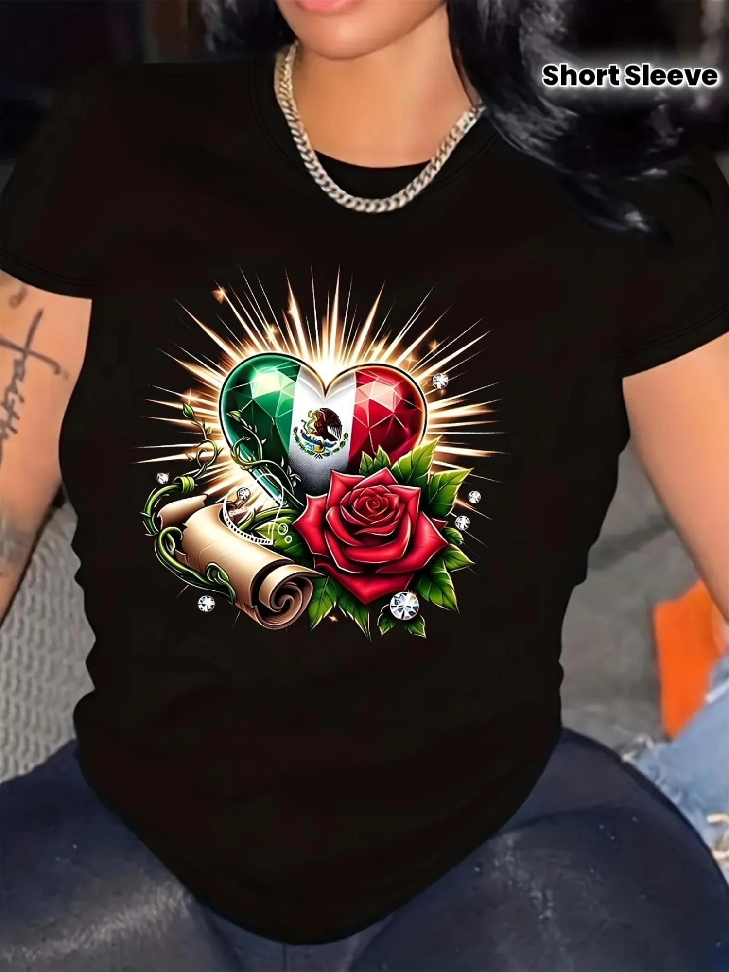 Men's Flag Heart & Floral Graphic T-Shirt - Black Crew Neck Short Sleeve Cotton Top with Roses, Scrollwork & Patriotic Design, Breathable Lightweight Tee, Machine Washable Casual Cultural Fashion Top