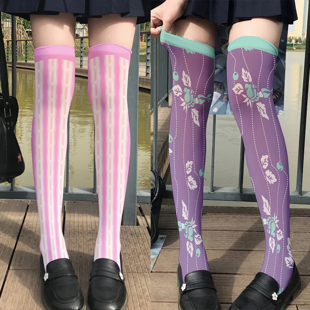 New fashion girl stockings 3d printing pink purple striped flower gradient stockings sweet and cute Lolita JK matching stockings