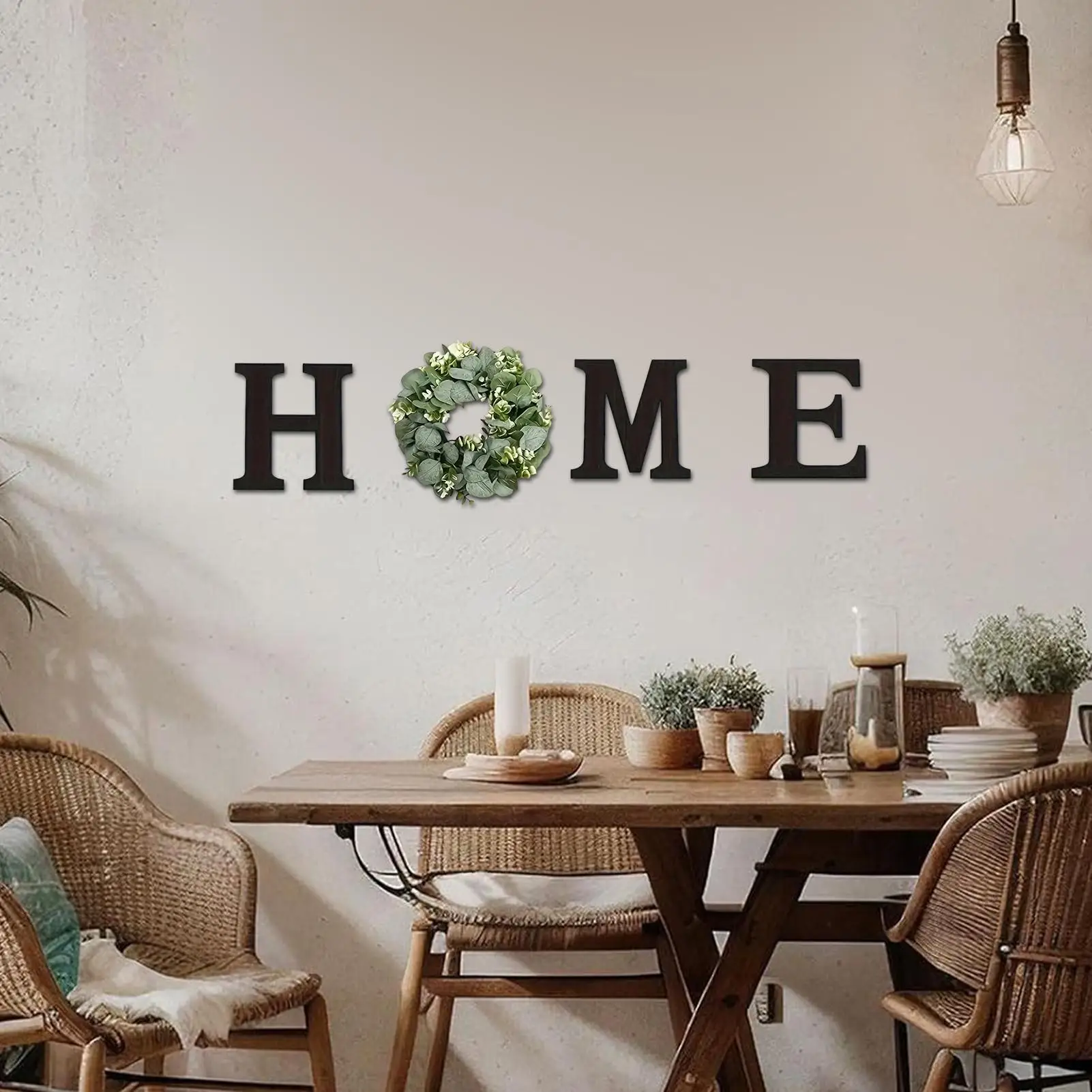Panneau mural avec lettres en bois, décor rustique avec couronne d'eucalyptus artificielle, pour salon, cuisine, entrée, pendaison de crémaillère, mariage