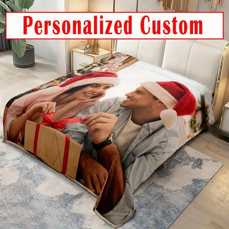 Custom Personalized Flannel Bed Blanket with Photo & Text - Reversible All-Season Microfiber Throw, Machine Washable, Digital Pr