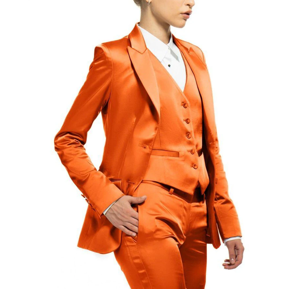 

Slim Orange Satin Women Pants Set High-end Single Breasted Female Three Pieces(Blazer+Trousers+Vest)أطقم بناطيل