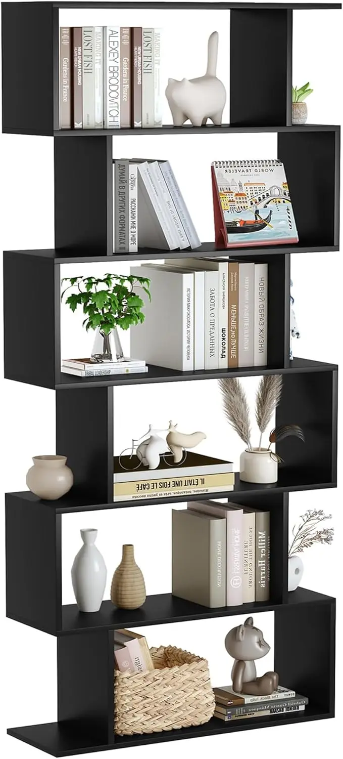 

6-Tier Geometric Bookcase, S-Shaped Modern Wood Shelf for Bedroom Office Display, Black