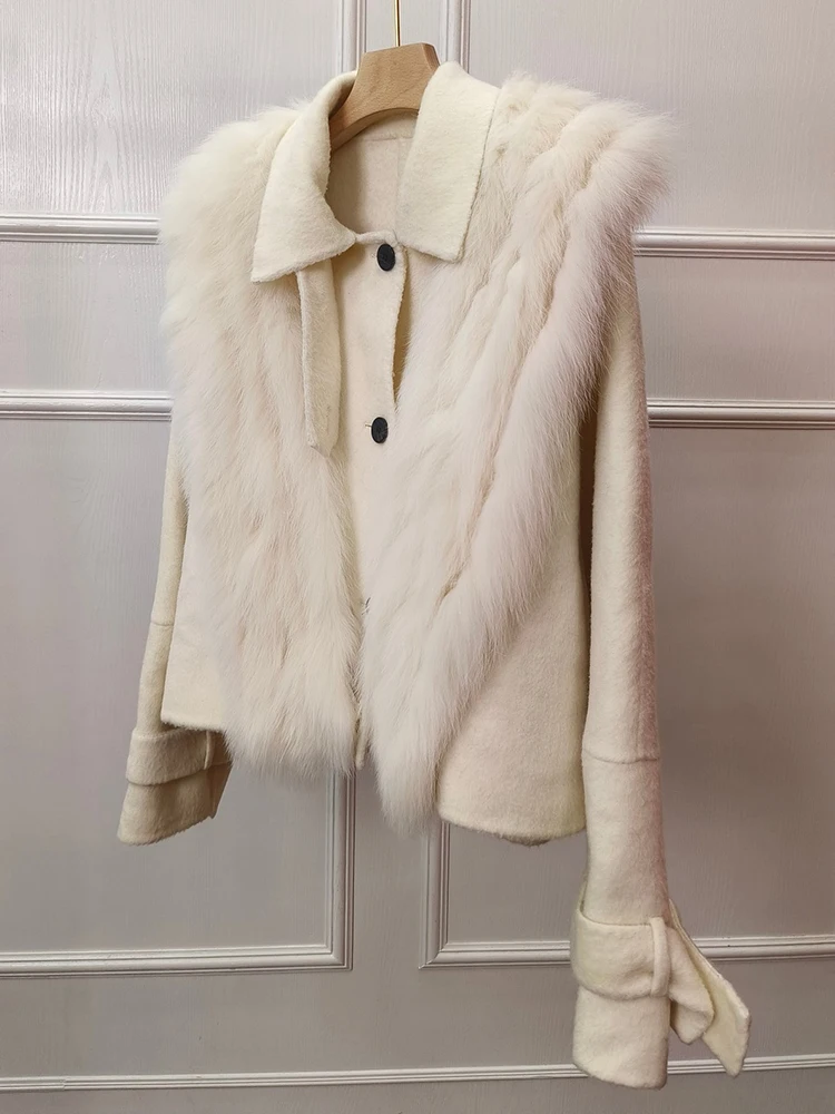 [EAM] Beige Fur Big Size Short Elegant Woolen Coat New Lapel Long Sleeve Women Jacket Fashion Tide Autumn Winter 2024 1DH8515