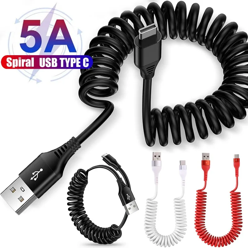 Spiral Stretchable USB C Data Cable 5A Fast Charging Cord for Xiaomi Samsung Huawei Type C Scalable Spring Coiled Charge Wire