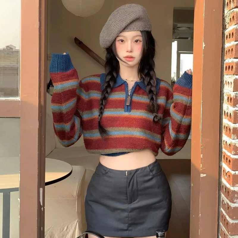 Loose Preppy Style Sweater Top Lapel Stripes Short Pullover Korean Version Zipper Decor Fashionable Contrast Color All-Match Top