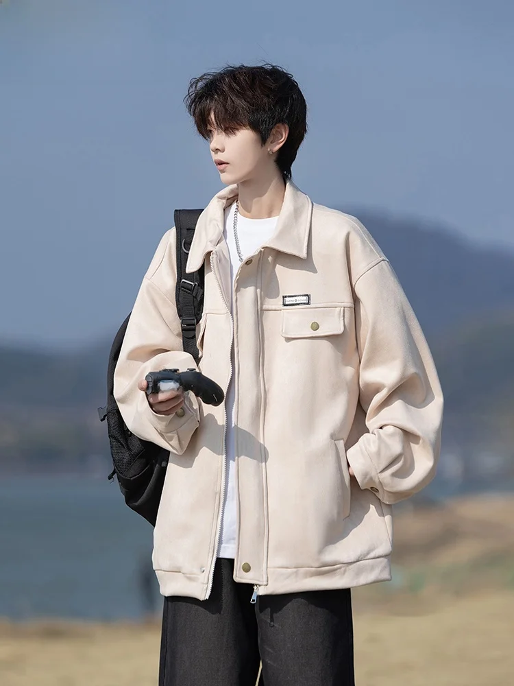 

Wassup Happy Мужская замшевая рабочая куртка со свободным повседневным воротником, весна-осень, новая верхняя одежда из полиэстера, длинная молния све