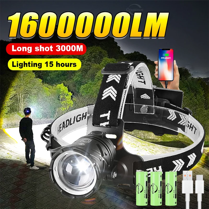 

2025 Most Powerful LED Headlight Rechargeable Headlamp Ultra Bright 800W Head Flashlights Outdoor Fishing Lamp with Mobile Power