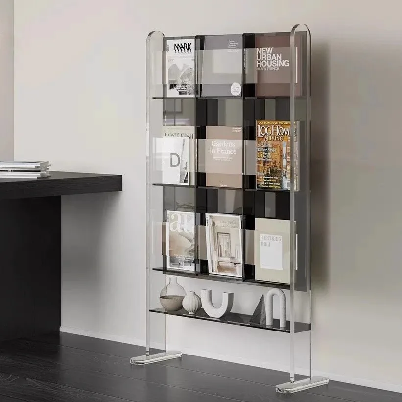 Acrylic floor-to-ceiling transparent bookshelves, living room storage shelves, simple display shelves, newspaper storage