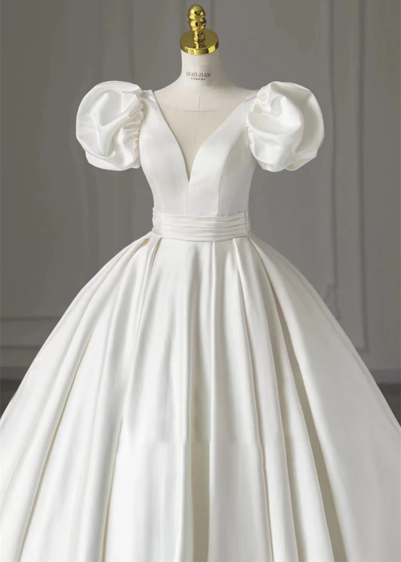 Y&m New V Neck Robe De Mariage Lustrous Satin Ball Gown Plus Size Wedding Dresses With Sleeve Bridal Vestido De Noivas