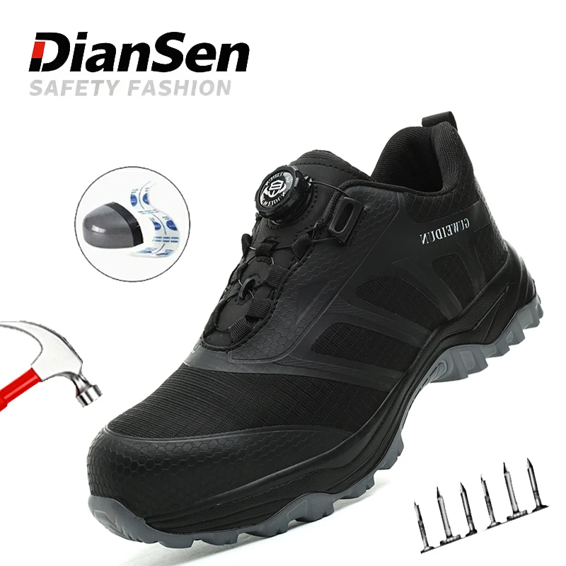 

Мужские рабочие защитные ботинки, ботинки со стальным носком, обувь с вращающимися пуговицами, легкие нескользящие ботинки, неразрушимая противоударная рабочая обувь