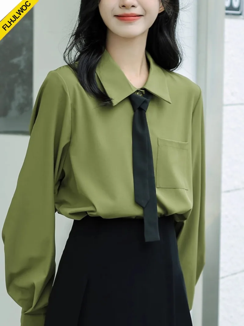 Loose Clothes Bow Tie Tops Blouses New Hot Women Fashion Office Lady High Street Solid Button Boyfriend Design Green Shirts