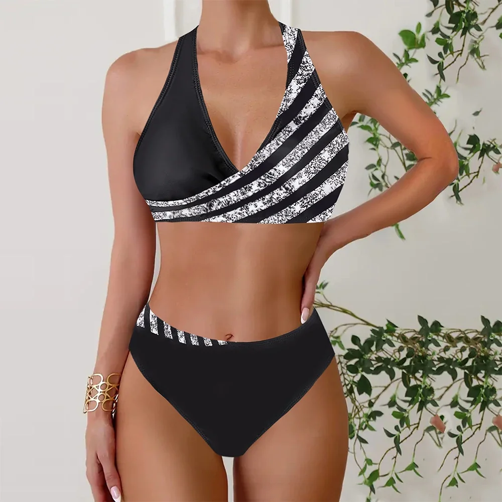 Women's Summer Vacation Tankini Set - High Stretch Crew Neck Swimsuit with Random Print, Knit Fabric 2 Piece Tropical Bikini