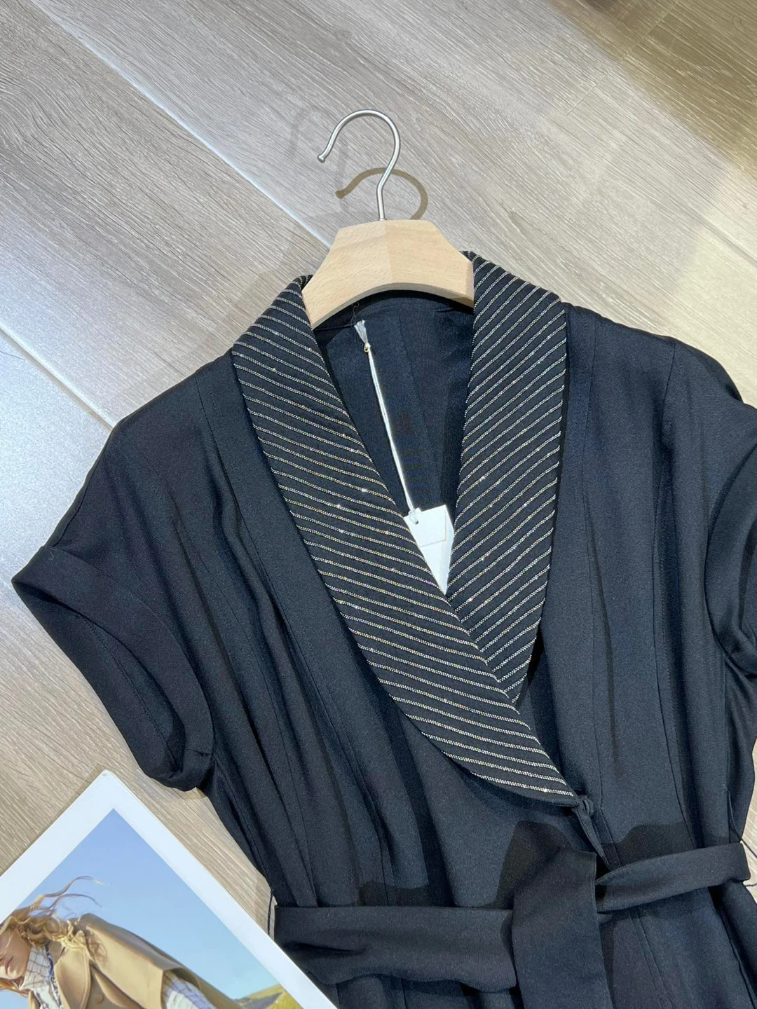 Summer B*C Women's Shirt Dress Sequins Silk Pullover Short Sleeves Dresses Woman Clothing High Quality Waist Black Long Skirt