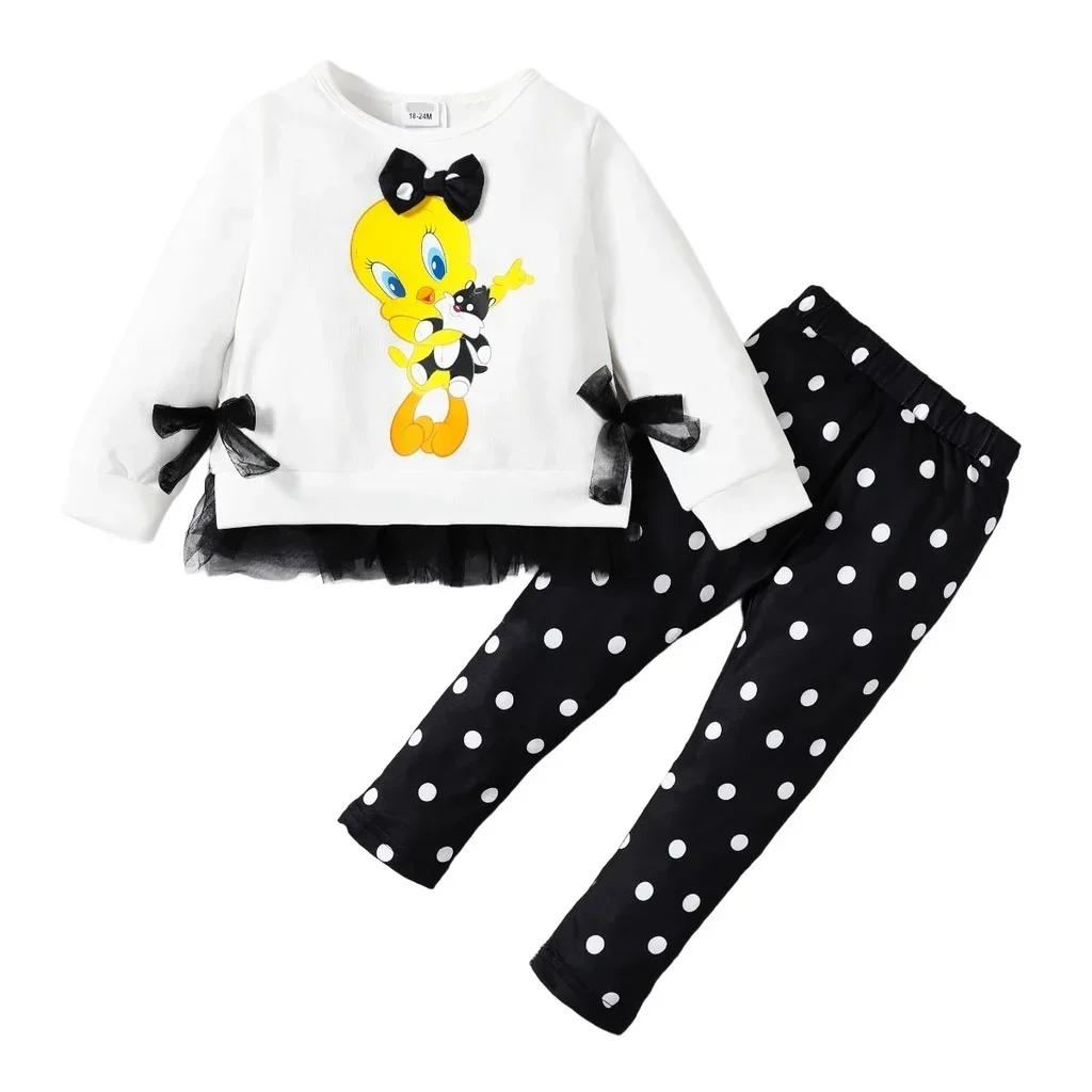 2PCS Kids Girl Clothes Set Long Sleeves Cute Cartoon Top+Wave Point Pants Fashion Autumn Outfit Suit for Children Girl 1-6 Years