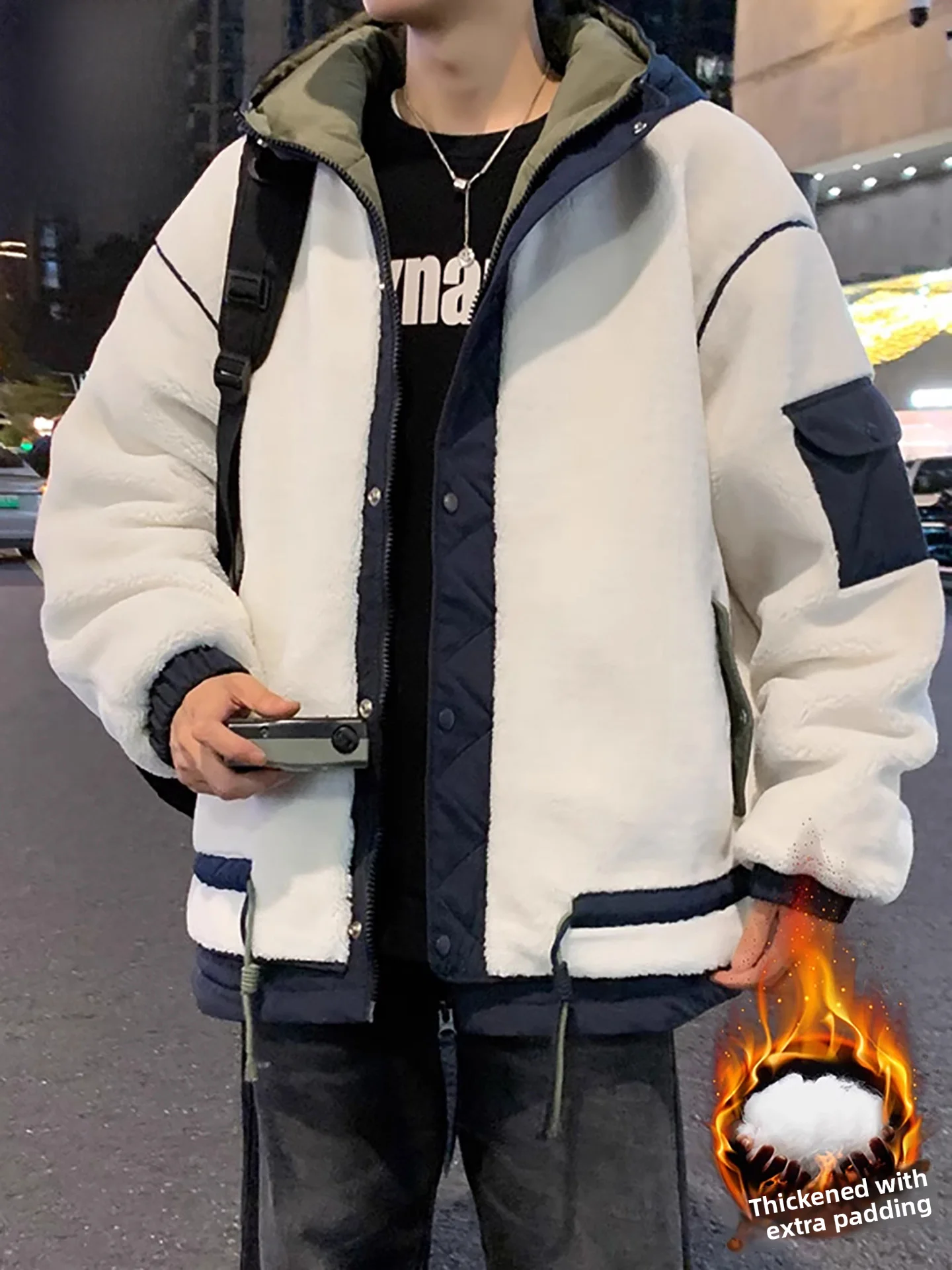 

Nainiu Road Men's Lamb Fur Jacket Thickened Fleece Lined Loose Winter Coat Warm Cotton Clothing Casual Wear Polyester Fabric