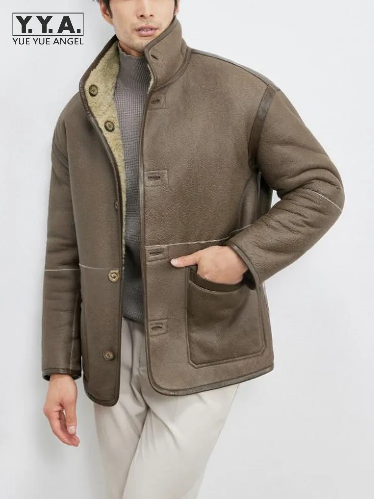 

Деловая мужская зимняя теплая шерстяная подкладка, рабочее пальто из овчины, натуральная кожа, куртка из натурального меха, двусторонняя овчина с отложным воротником