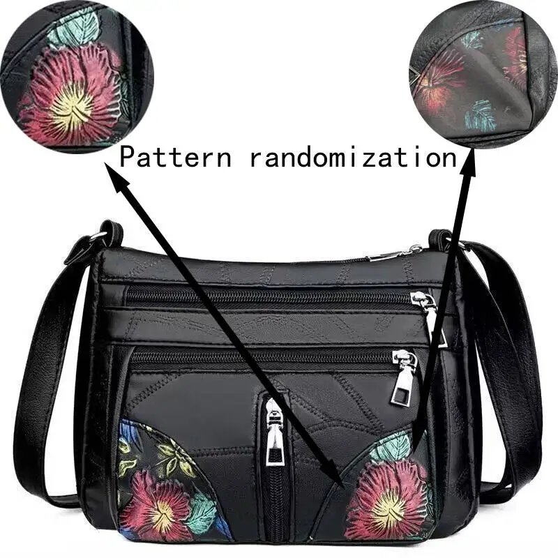 Women's Floral Embroidery Shoulder Bag Multi-zipper Casual Crossbody Bag Lightweight for Daily Shopping Dating Outing