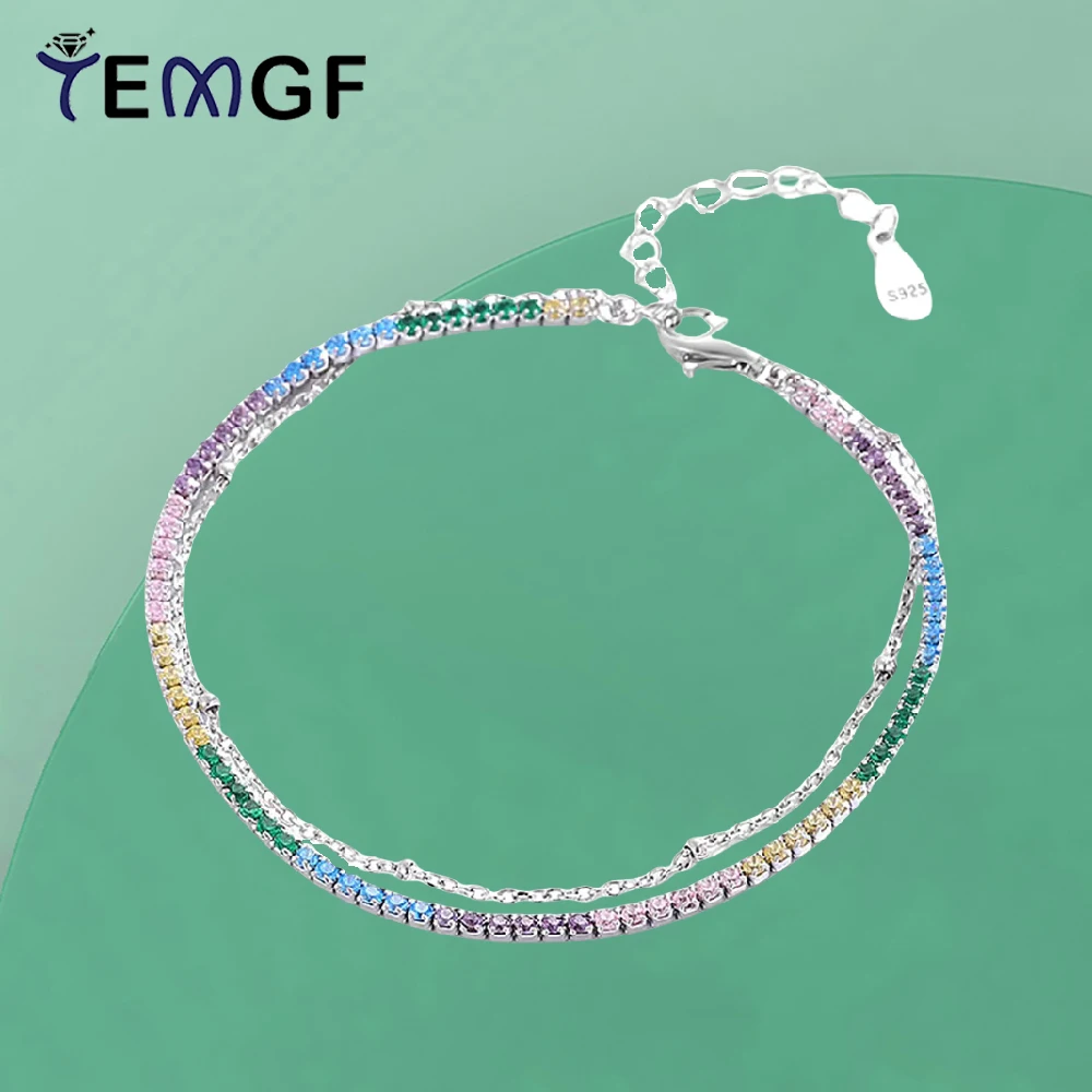 

TEMGF Colorful 1.5mm Zircon Bracelet S925 Sterling Silver 18K Plated Chain for Women Sparkling Fine Jewelry Date Birthday Gift
