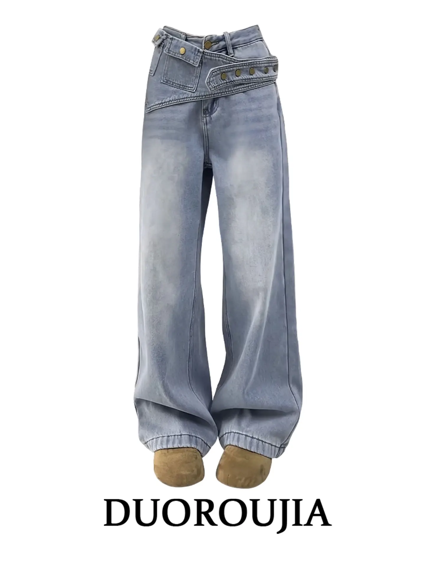 

Duor plus Size American Retro Straight Leg Denim Pants Women's Autumn Winter Loose Drapey Wide Leg Pants with Belt