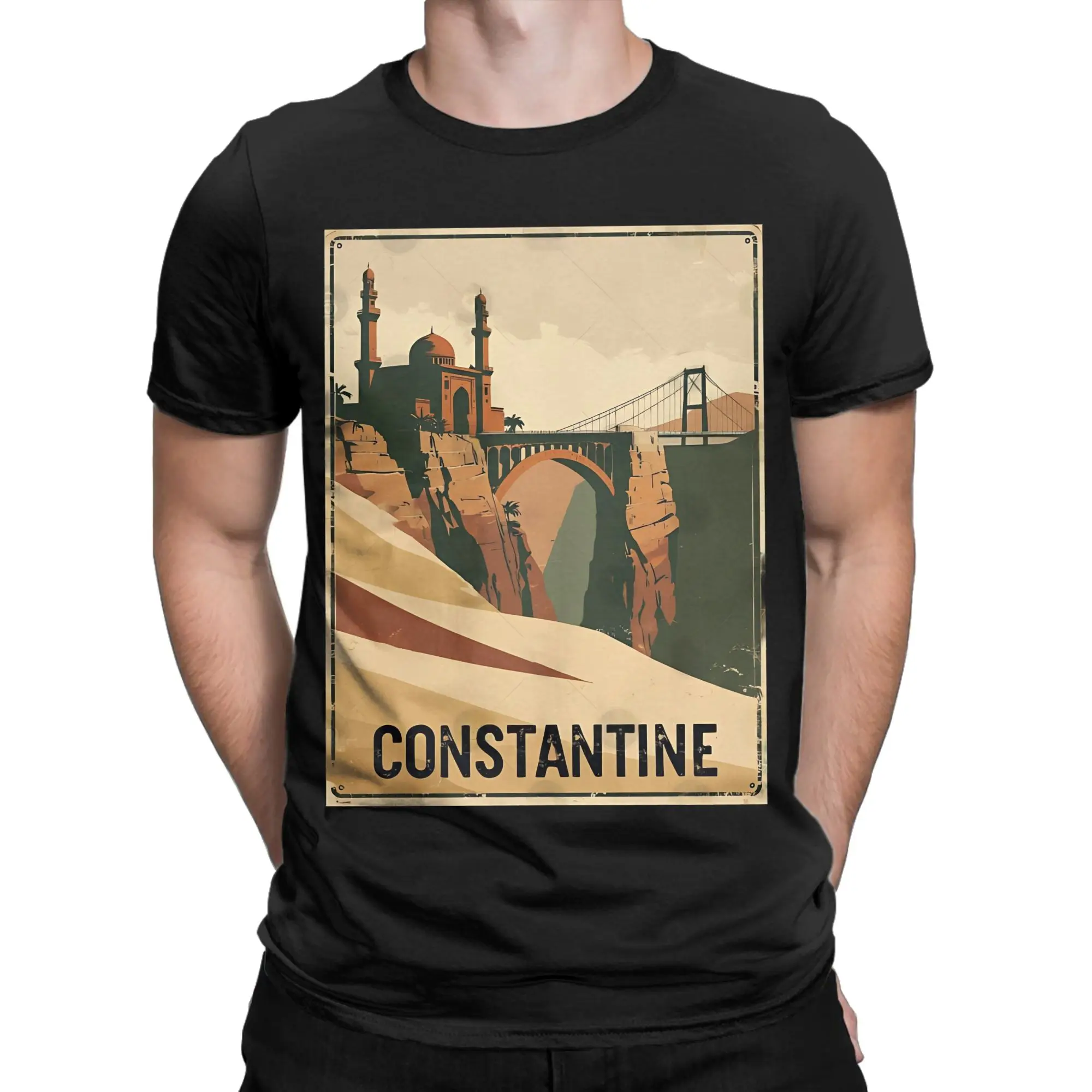 Constantine Algeria Bridge & Mosque Vintage Tshirts Men's 100%Cotton Clothing Vintage Algerian  Round Neck Short Sleeve