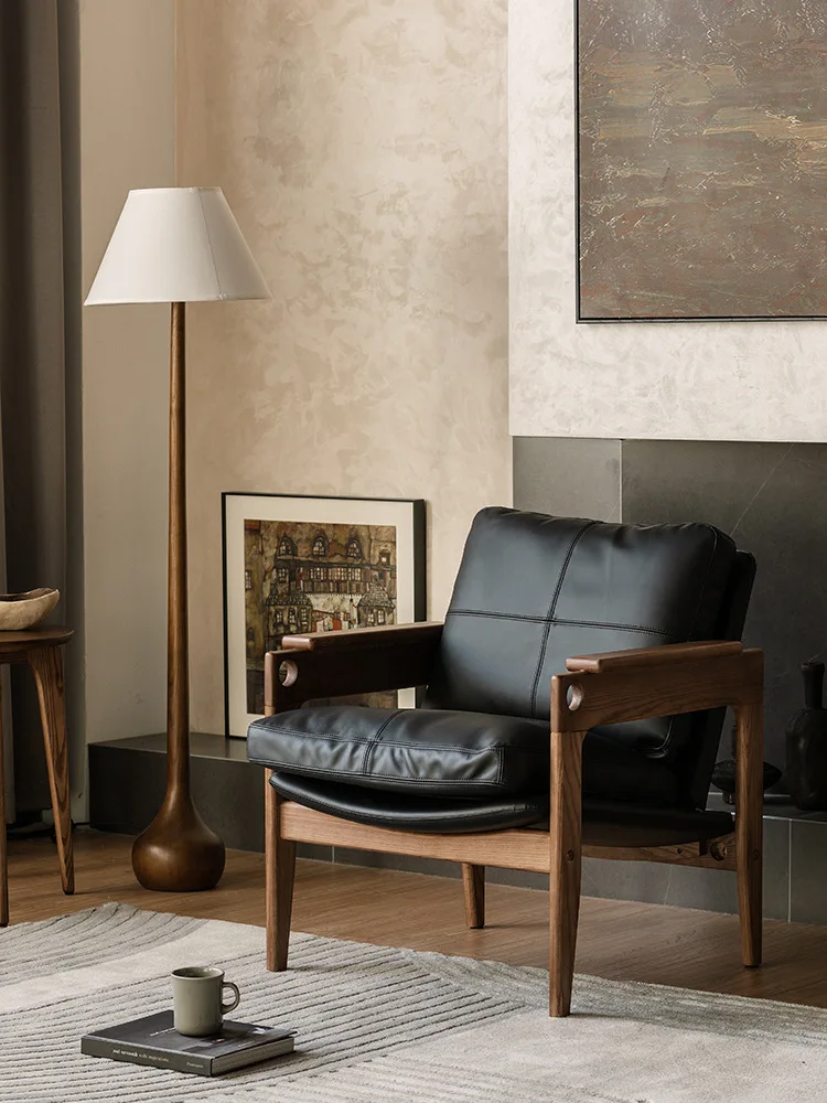 Nordic B & B Einzelsofa FreizeitModerner Lesestuhl Massivholz Leder Retro Wabi **** Wind