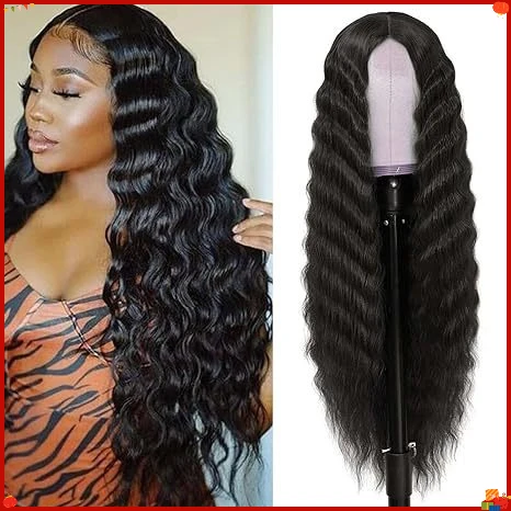 Synthetic Lace Middle Part Long Wavy Wig Deep Wave Black Cosplay Party Hair Natural Look for Women