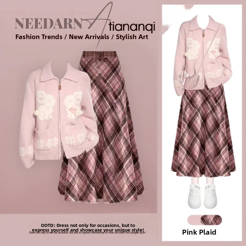 

2026 New Small Rabbit Embroidered Collar Zipper Knitted Sweater with High-End Plaid Skirt Two-Piece Set Winter Faion W...