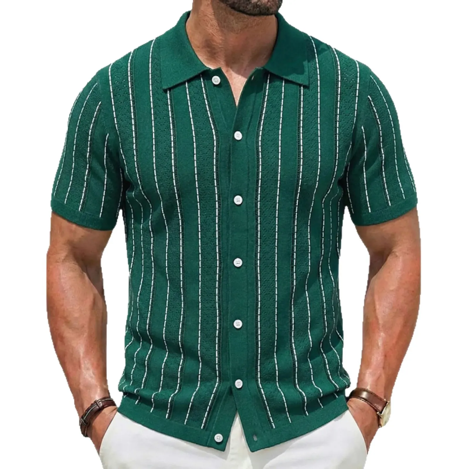 

Men's luxury fashion men's cardigan knitted sweater summer new striped short sleeved knitted polo shirt top