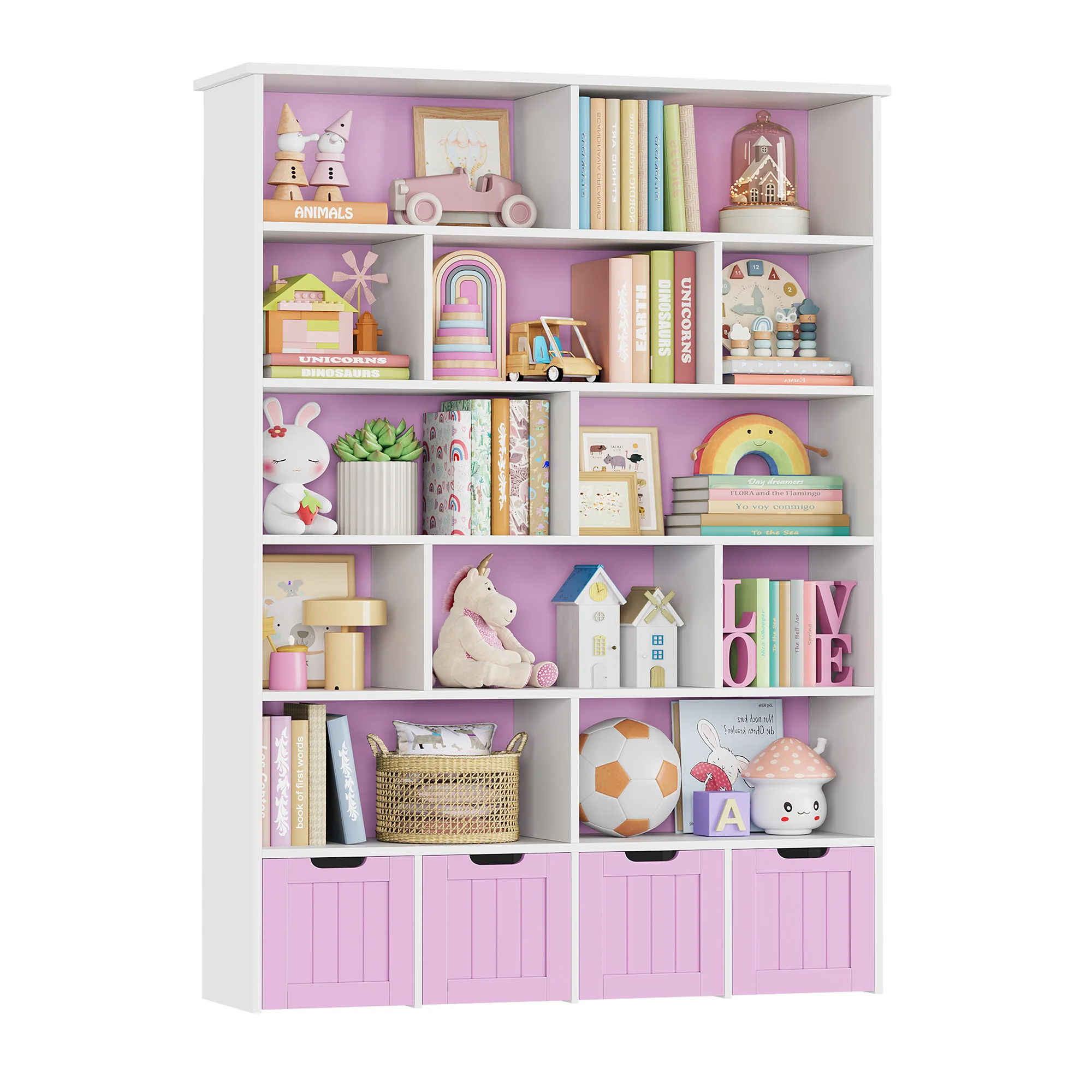 Getone Kinderspeelgoedopbergkast Kinderboekenkast met 4 wielladen 13 planken Speelgoedorganizer Kinderboekenplank voor kinderkamer Spelkamer 125,5x33x175cm Wit/Roze