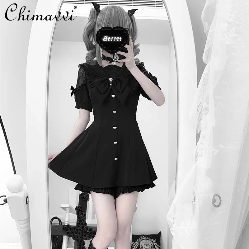Vestido de manga corta con empalme de encaje producido en masa, Top + Pantalones cortos con cuello de marinero japonés, conjunto de Lolita de dos piezas