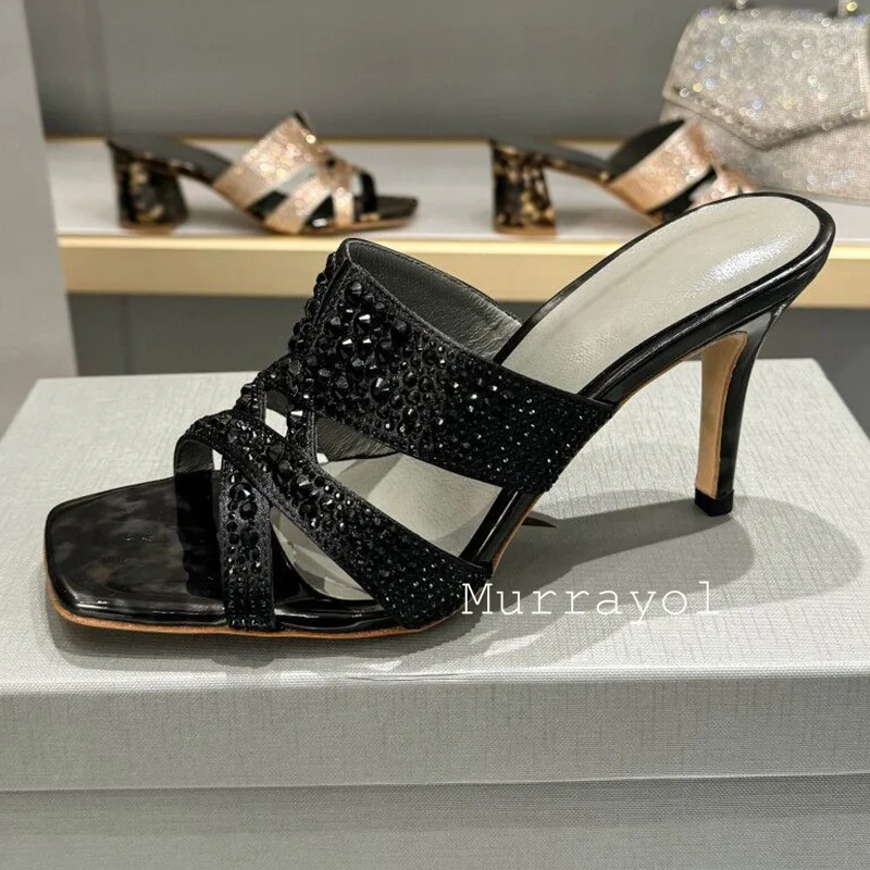 Luxurious Rhinestone Decor Thin High Heels Slippers Women Square Toe One Strap Sandals Summer Dress Shoes Pumps Wedding shoes