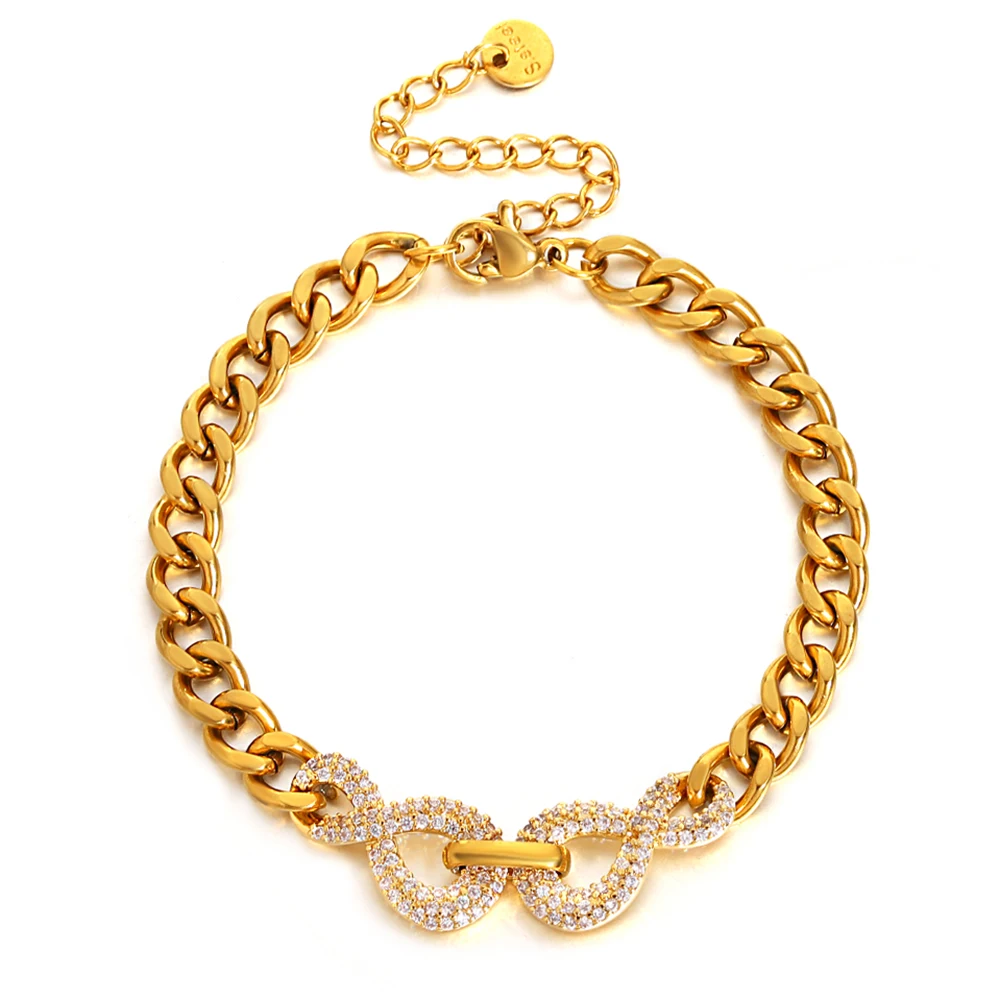 Stainless Steel Trendy Charm 8 with Rhinestone Cuban Chain Bracelets for Women Men Simple Golden Bracelets Waterproof Jewelry