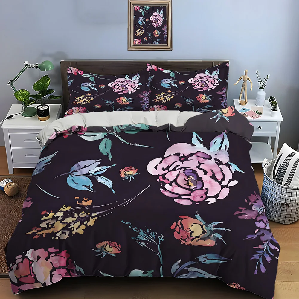 Painted floral pattern on black background Bedding Set for Kids Luxury Gift 3pcs Digital Print Comforter Set Soft Comfortable