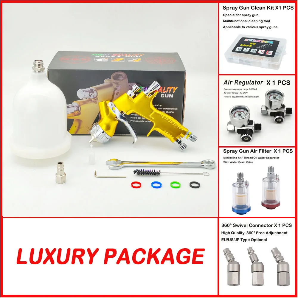 2024 GOLD Spray Gun 1.3/1.8mm High Quality HVLP Car Painting Gun With Mixing Cup No-Clean Tank For Car Painting