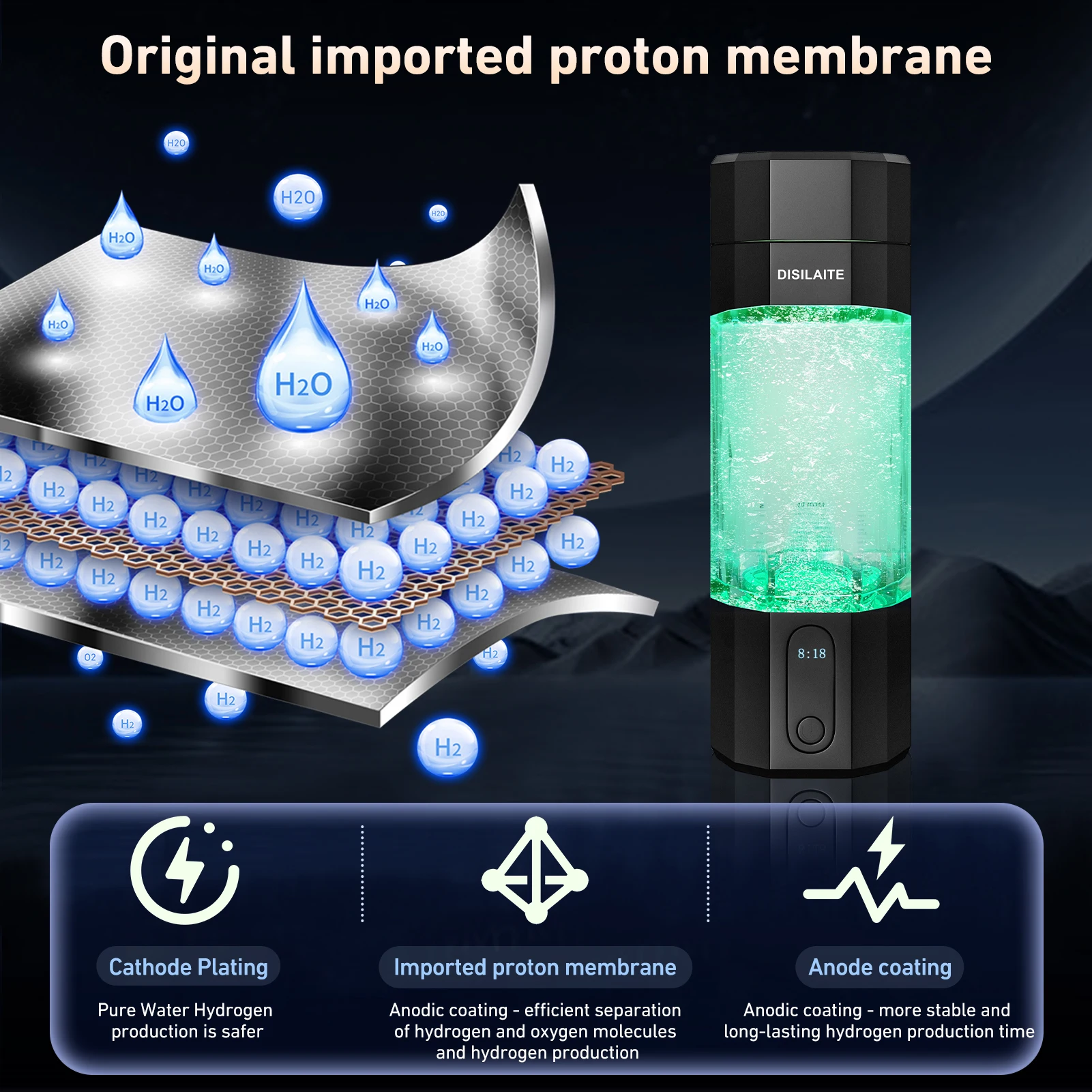 10000PPB+ ขวดน้ําไฮโดรเจน SPE PEM เทคโนโลยีเครื่องกําเนิดน้ําไฮโดรเจนพร้อมน้ําไฮโดรเจนที่ดีที่สุดสีสันสดใสเจ็ดสีสันสดใส