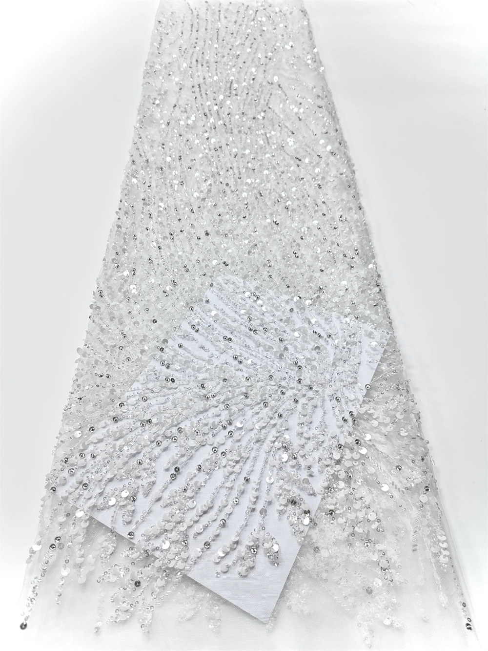 African Handmade Heavy Beaded Tulle Lace Fabric with Sequins And Pearls for Bridal Party French Style Net Pearls Lace Material