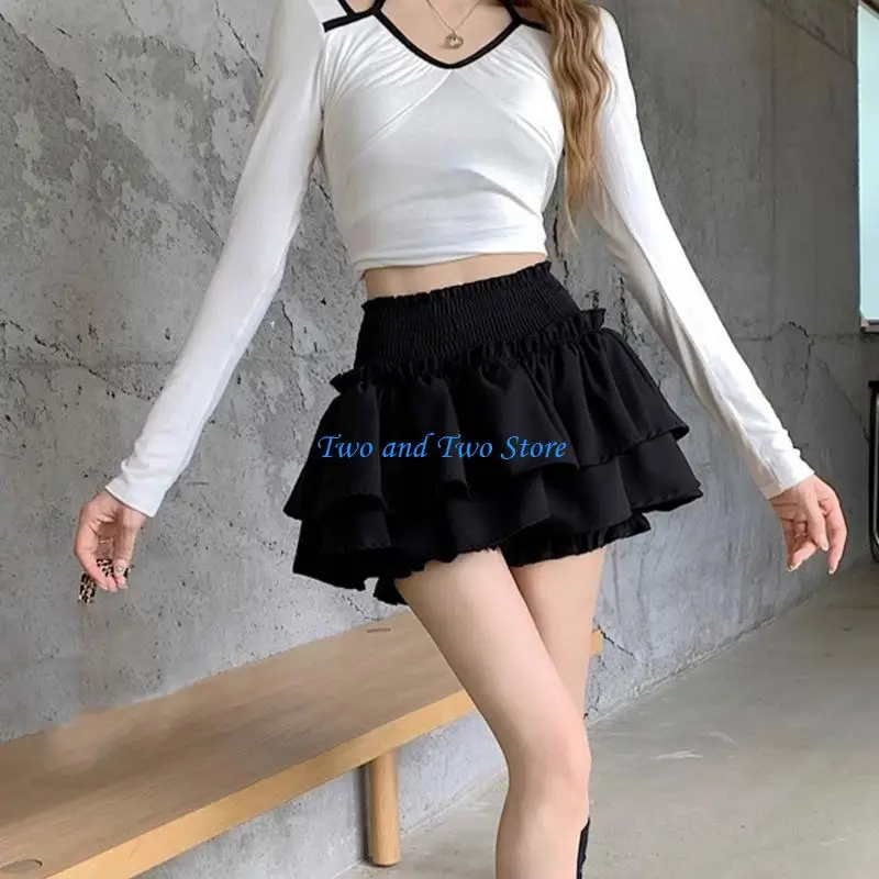 HX6F Womens Shirred High Waist A Line Pleated Short Cake Skirt Layered Ruffle Skort