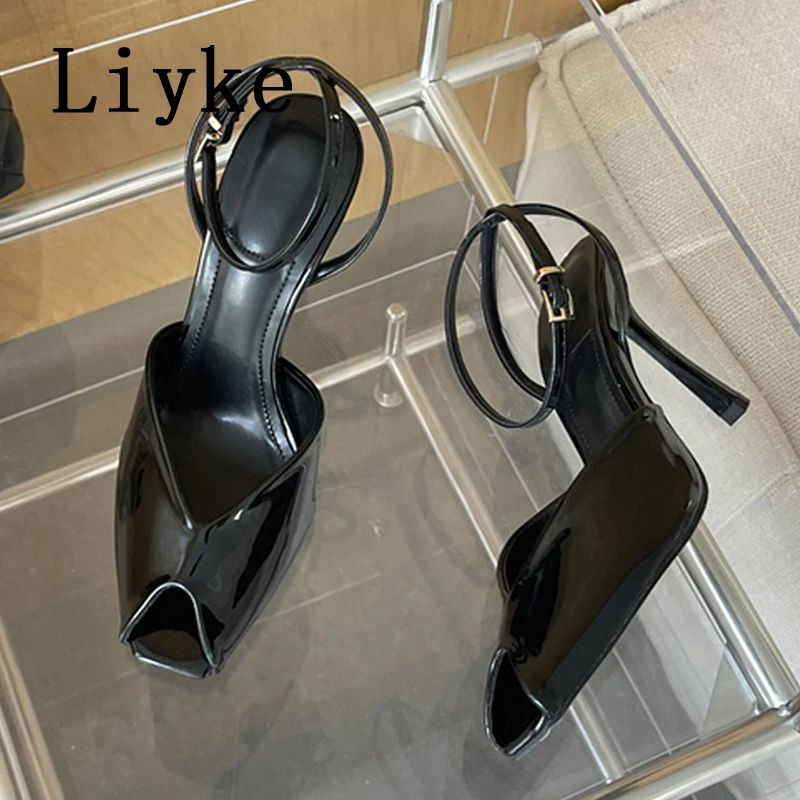 Liyke Designer High Heels Gladiator Sandals Women Summer Cozy Patent Leather Peep Toe Buckle Strap Ladies Party Dress Shoes Red