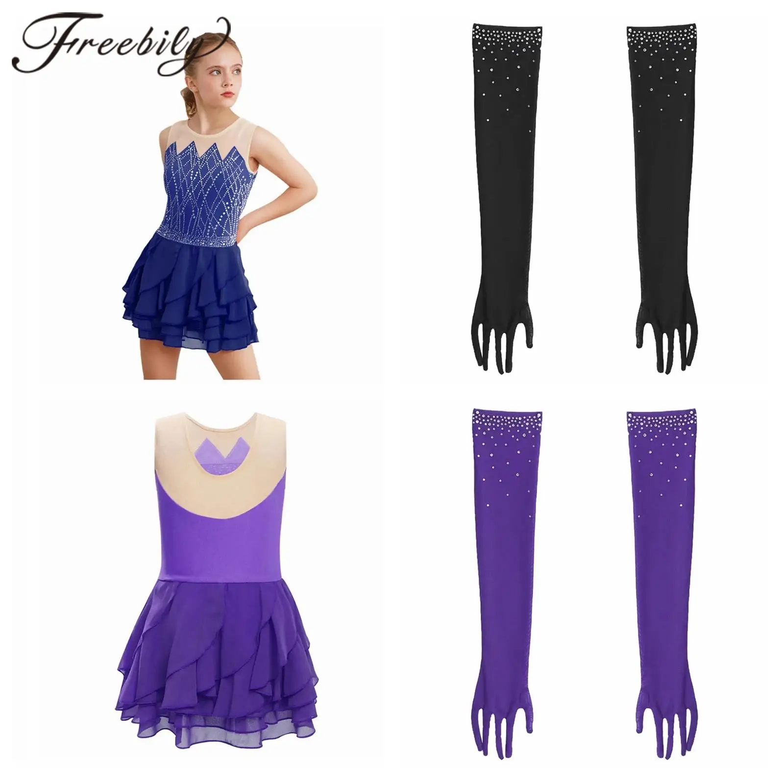 

Children Figure Skating Leotards Ballet Ice Skating Dresses Teens Rhythmic Gymnastics Dancewear Girls Mesh Dress Dance Costume