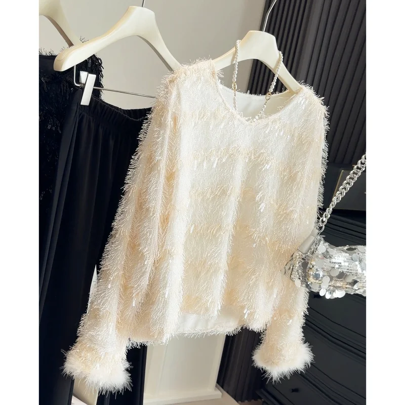 

Tassel Sequin Plush Long Sleeved Lace Women's Shirt Fashionable Simple Shiny French Small Fragrance Long Sleeved Sweet Top