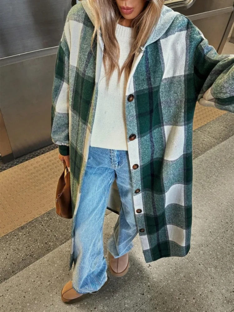 

Женское длинное пальто в зеленую и белую клетку Freeacy, осень-зима 2025 года, свободная однобортная верхняя одежда с капюшоном, повседневное пальто