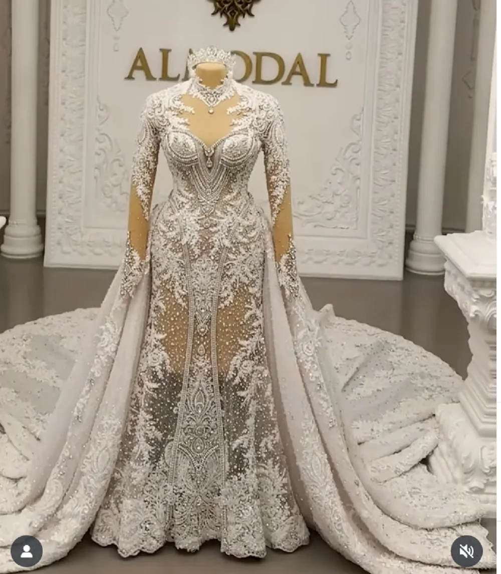 Brandneue Brautkleider mit langen Ärmeln, klassisches Organza-Hochzeitskleid mit abnehmbarer Schleppe, glänzendes Hochzeitskleid nach Maß