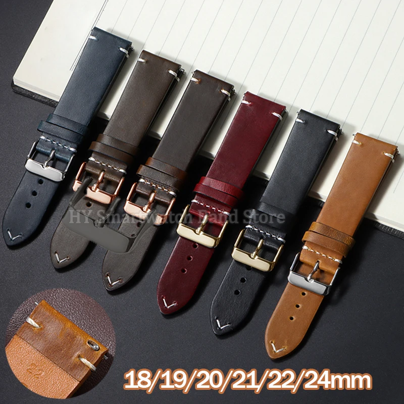 Vintage Cowhide Watch Strap 18mm 19mm 20mm 21mm 22mm 24mm for Seiko for Rolex Quick Release Wrist Band Oil Wax Leather Bracelet