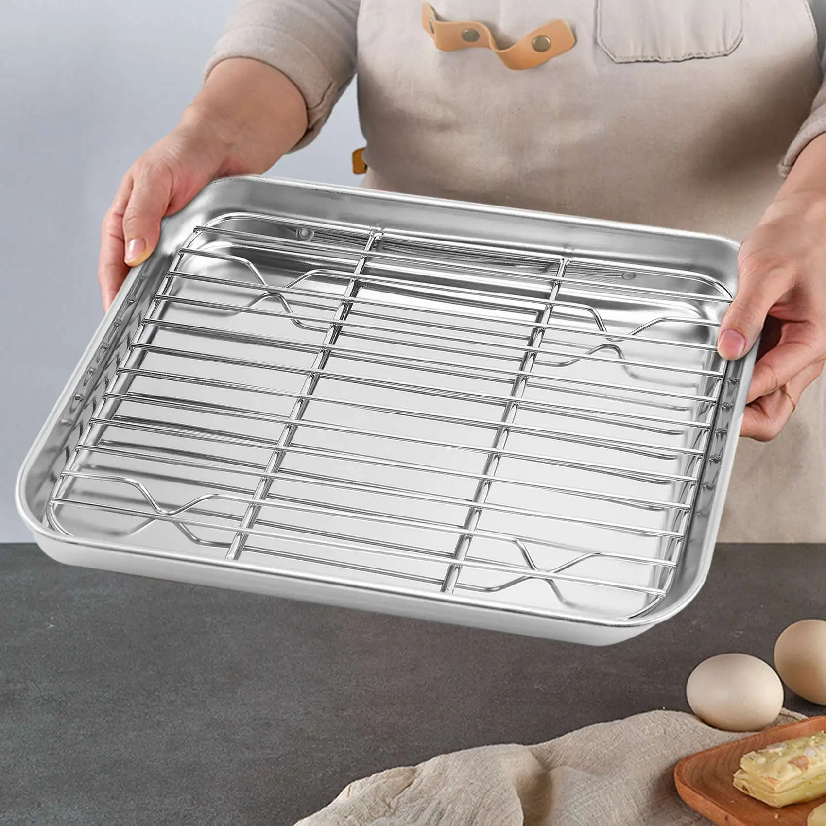 Juego de bandeja y estante para horno tostador de 9 pulgadas, sartén pequeña de acero inoxidable con estante de refrigeración, hoja para hornear apta para lavavajillas