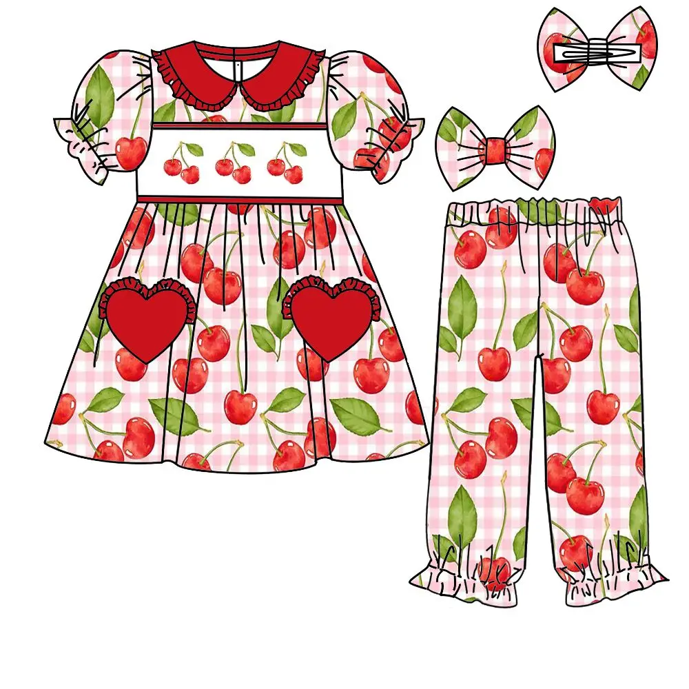 High Quality Girls Strawberry Cherry Print Short Sleeve Long Pants Girls Heart Pocket Pajama Set Duck Christmas Tree Girls Set