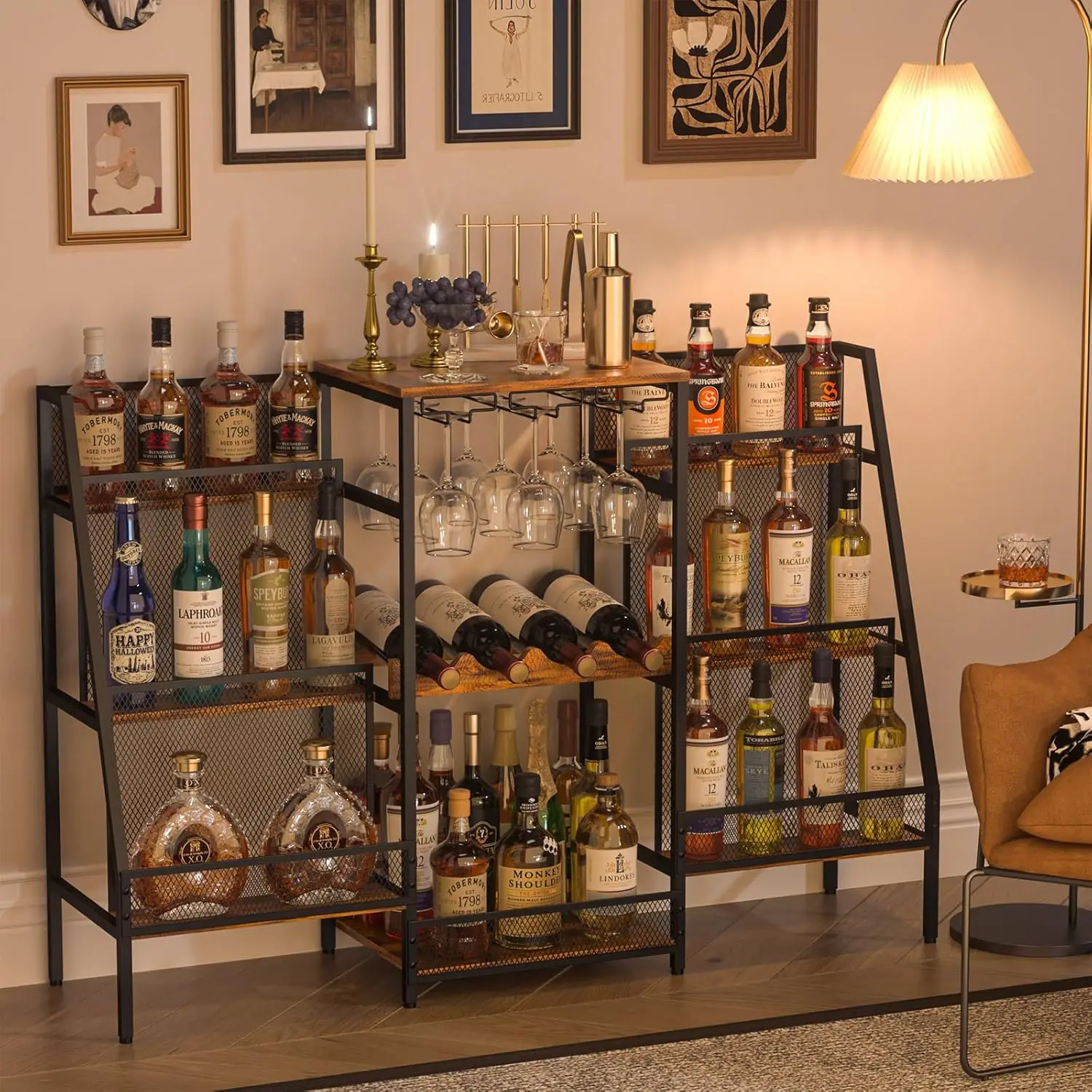 

Versatile Bar Stand with Glass Holder, Wine Rack Freestanding Floor, Liquor Cabinet